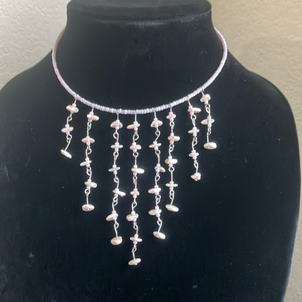 Handmade Y2K Inspired Lavender Seed Bead Metal Wire Choker Drop Necklace‎